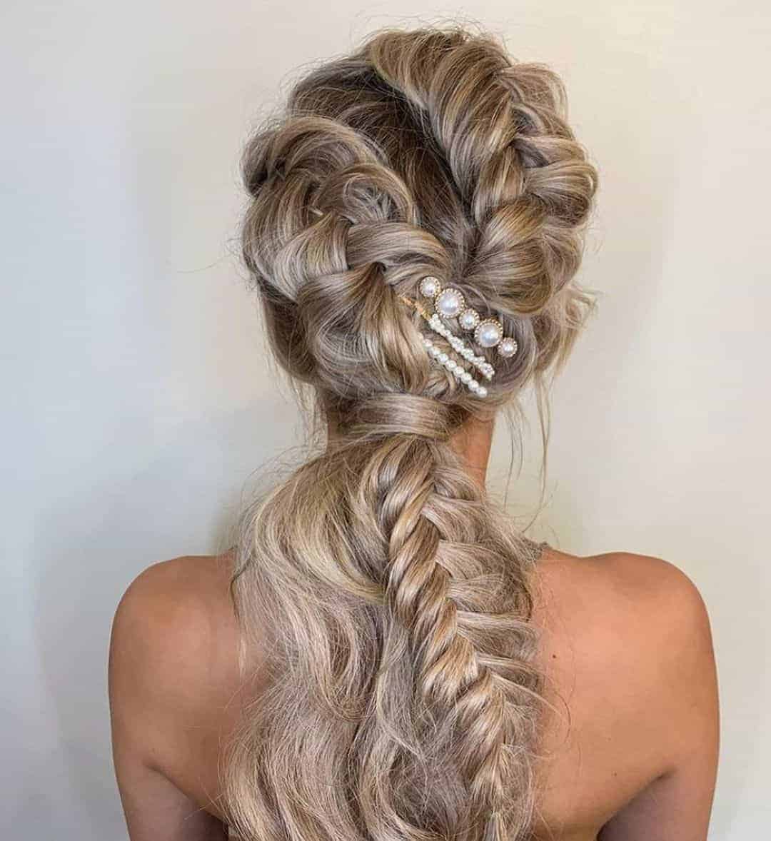 Dreamy Multi-Fishtail Braid With White Pearl Clip