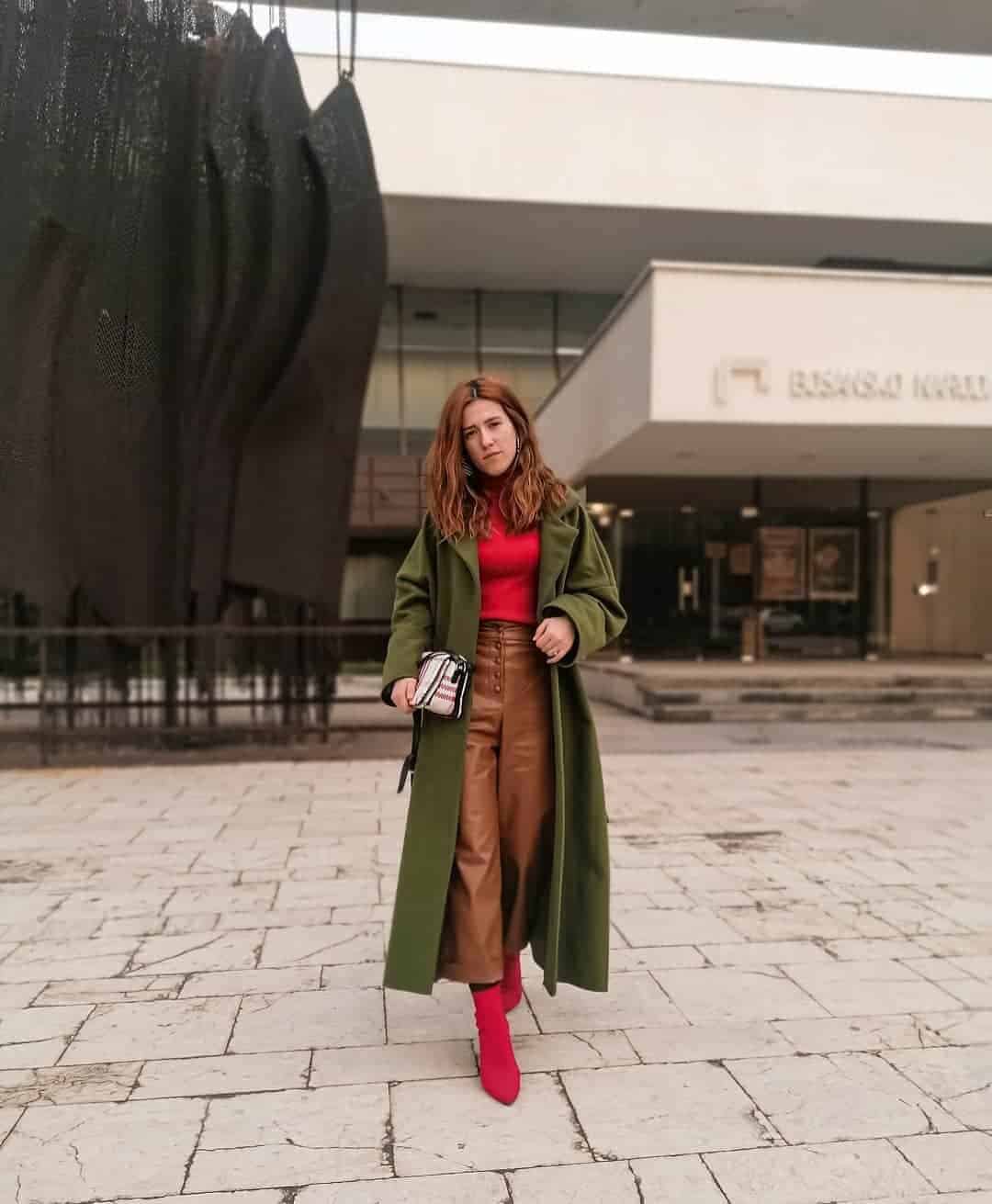 Brown Leather Pants, Red Top, and Red Boots