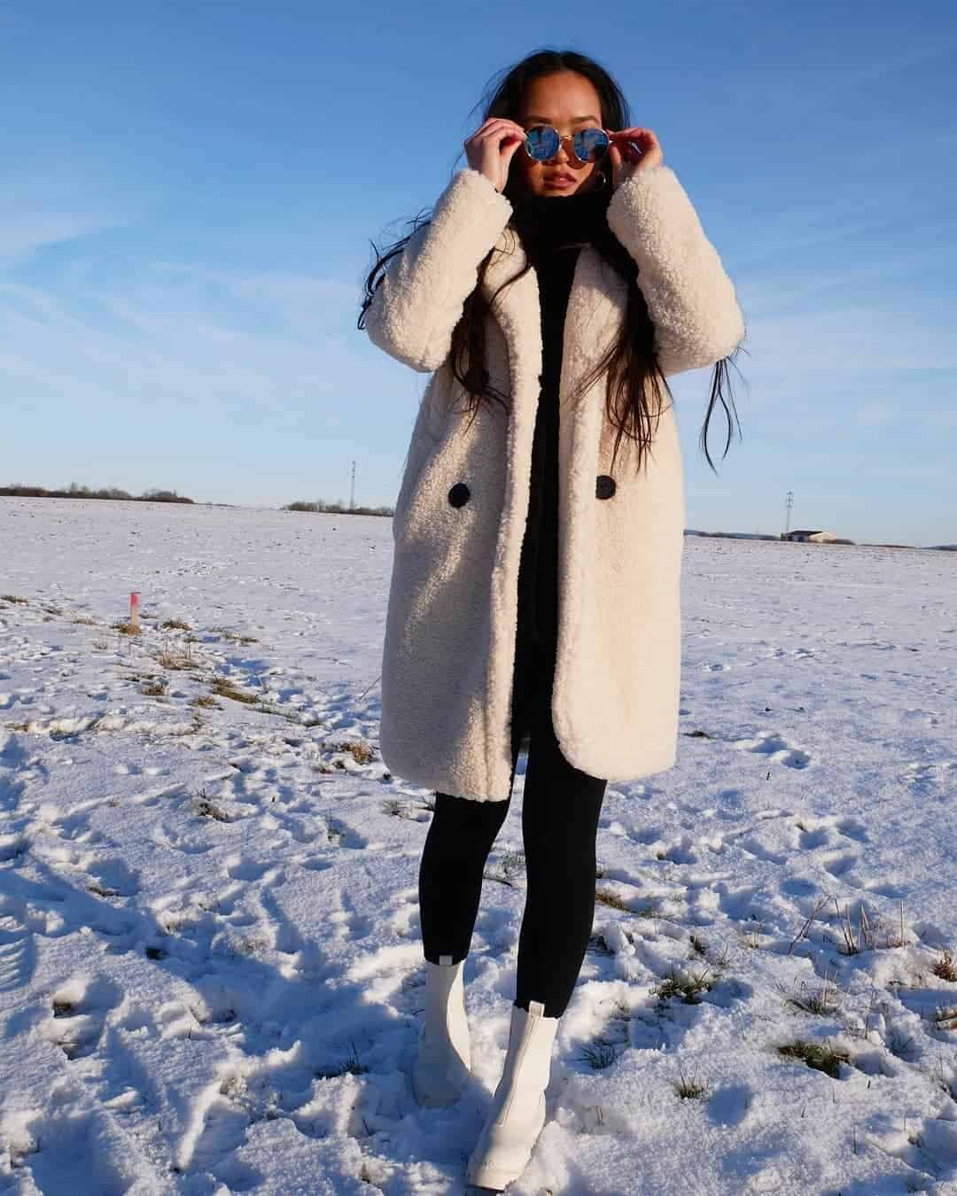 Faux Shearling Coat and White Boots