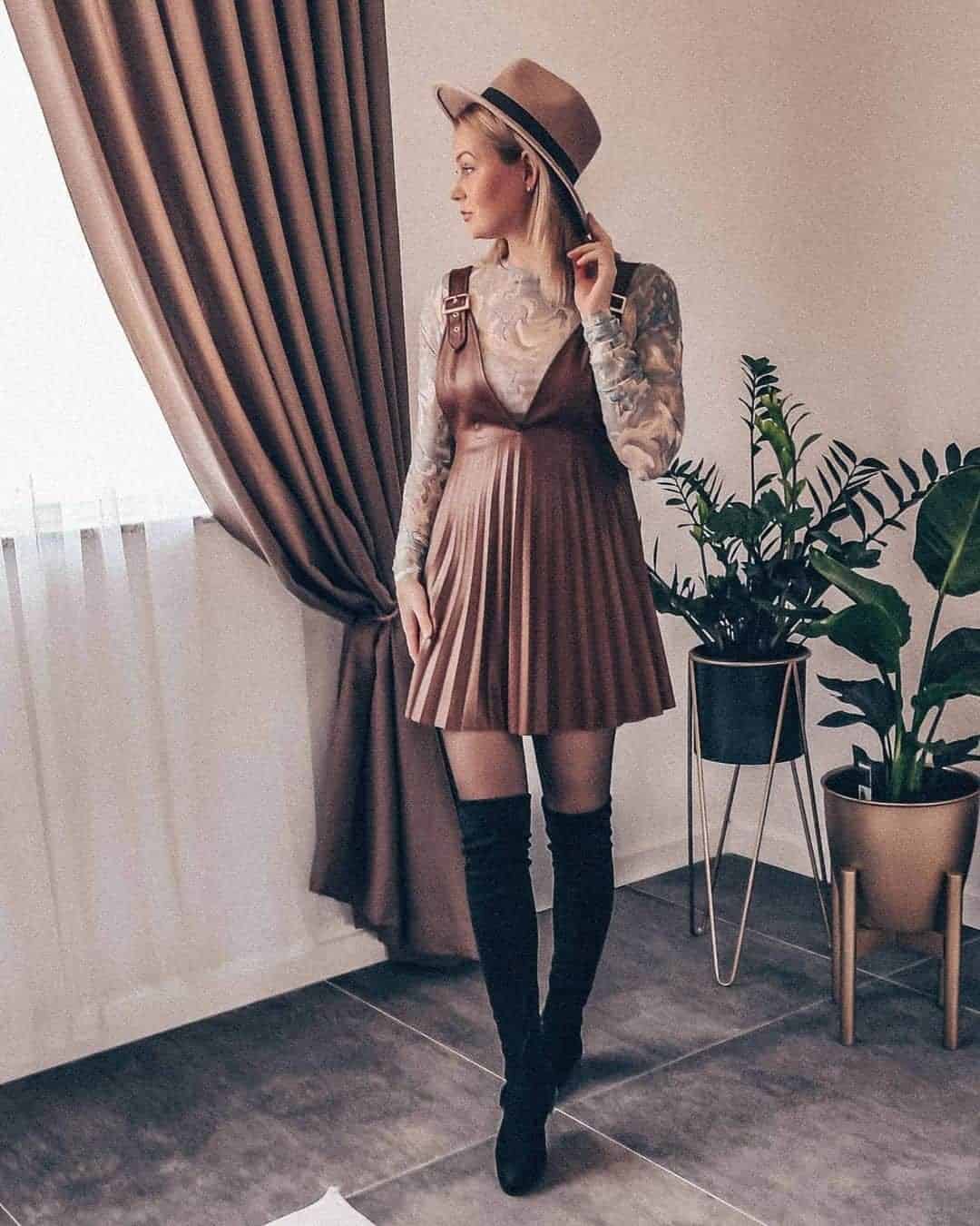 Pleated V-Neck Leather Dress