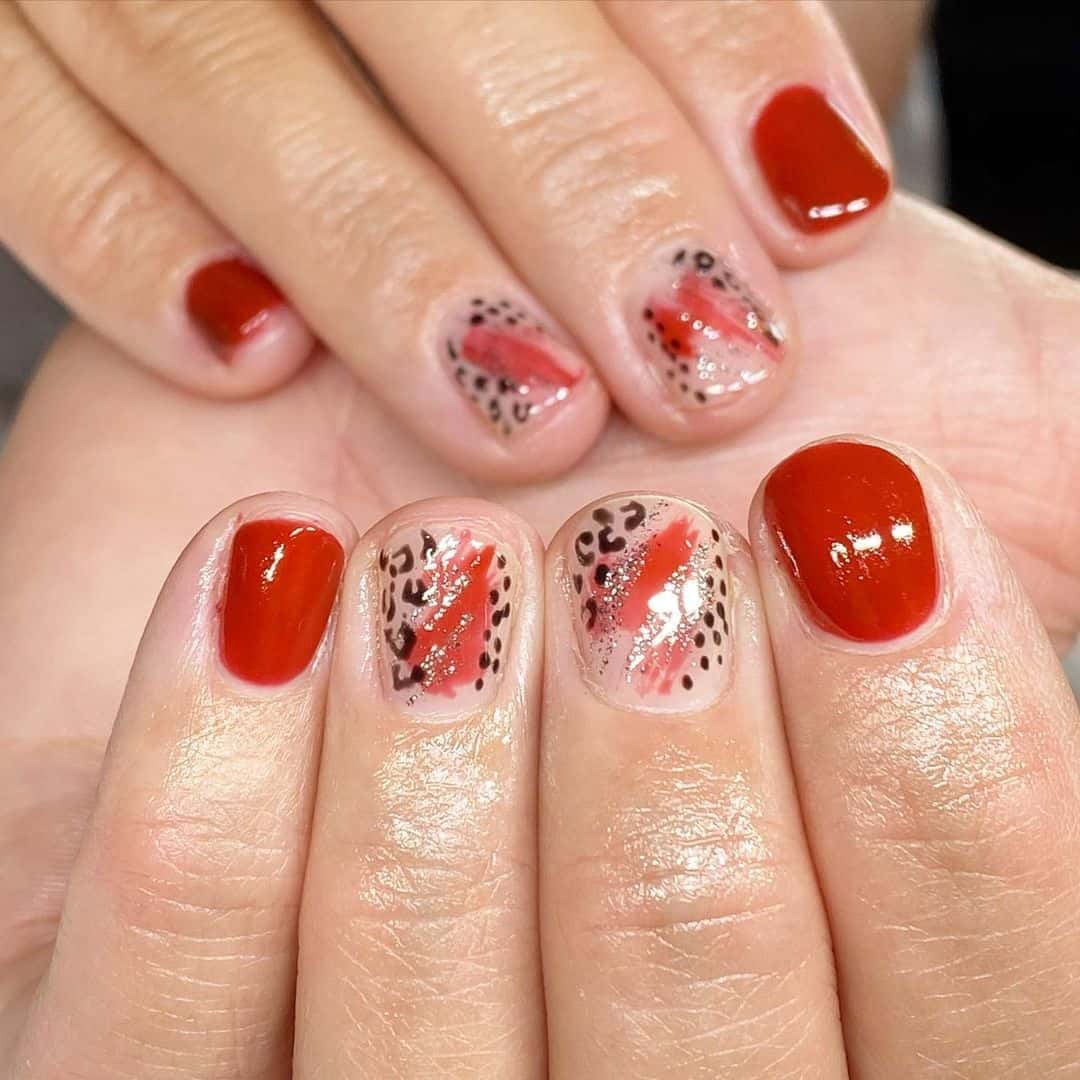 Red Nails With Animal Prints Abstract