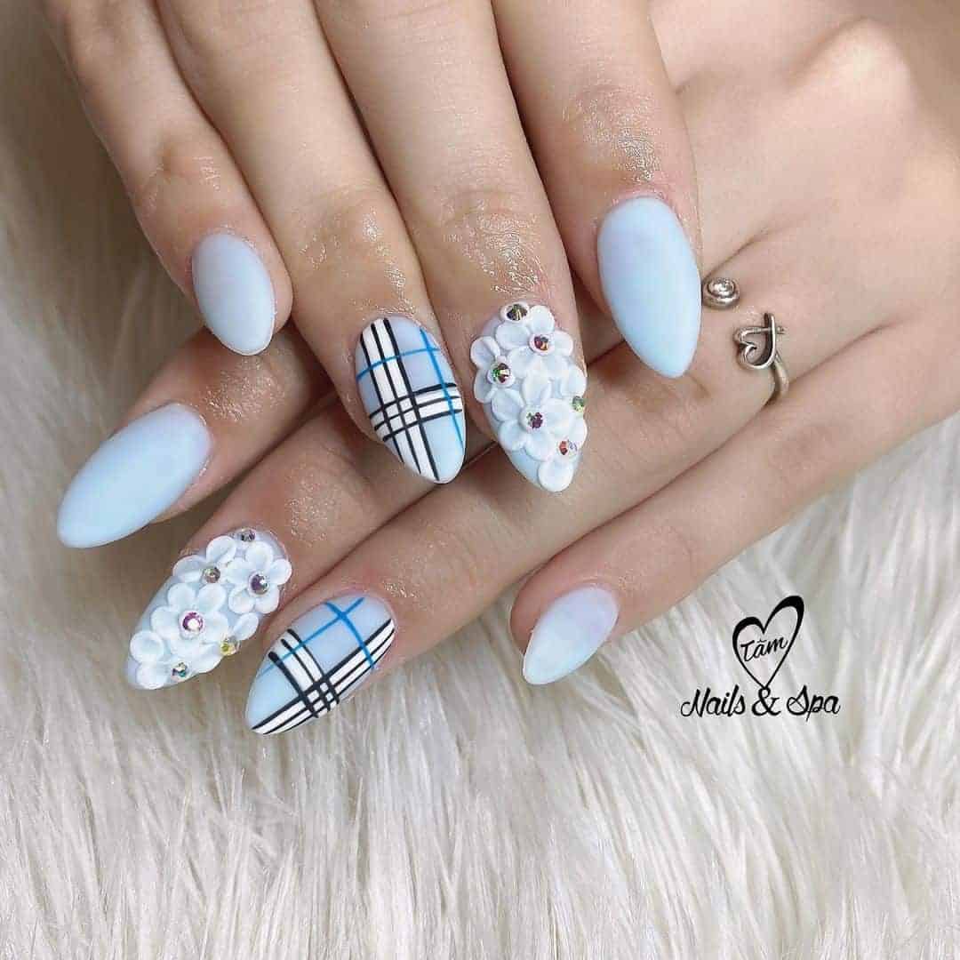 Flowers and Plaid Blue Nail Art