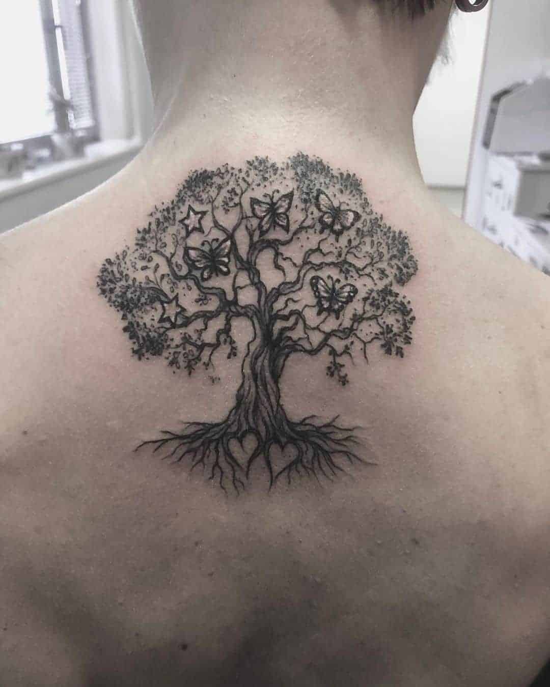 Family Tree Tattoo With Stars and Butterflies