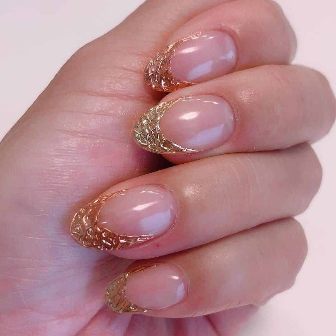 Nude Pink Nails With Art Deco Gold Tips