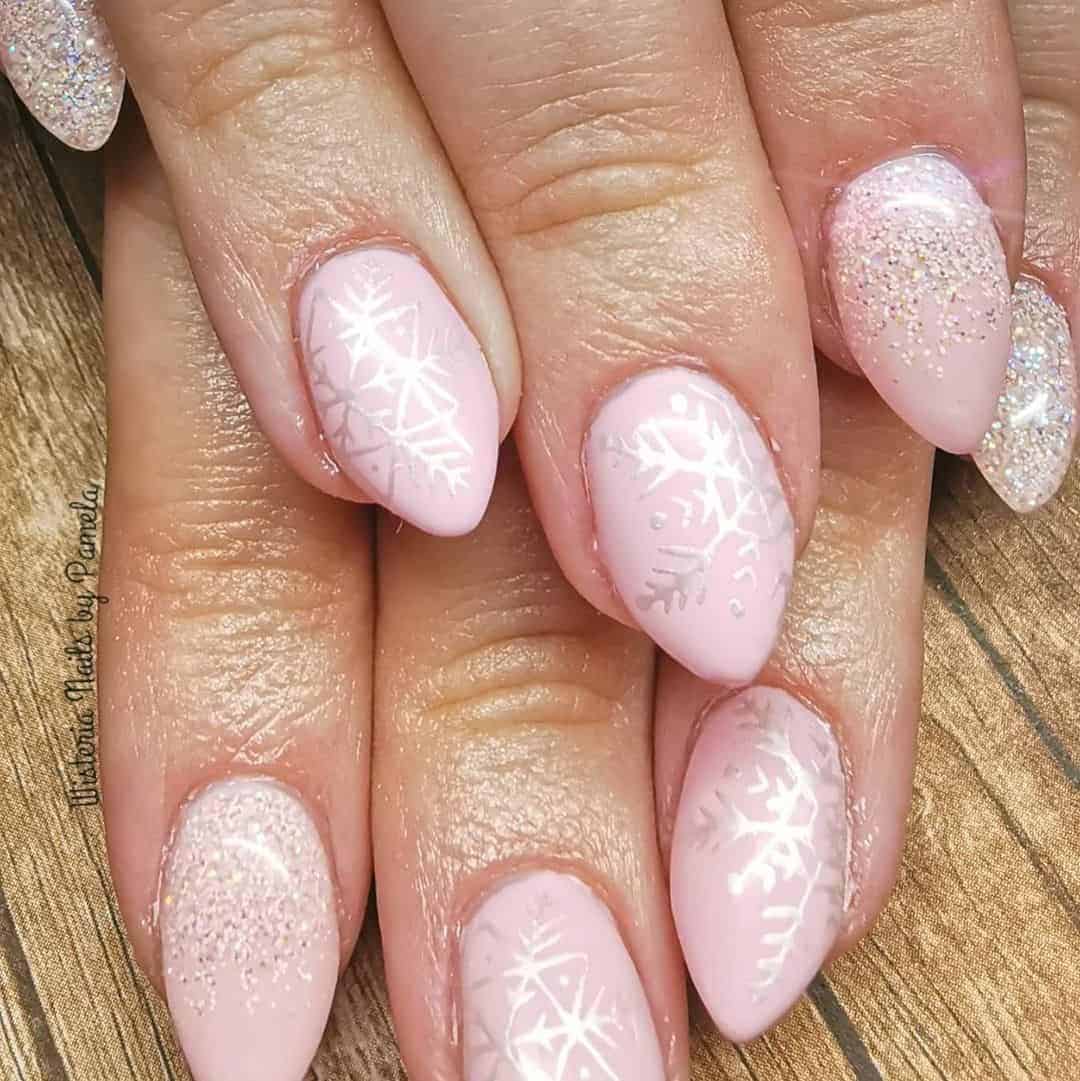 Pink Nails With Silver Snowflakes