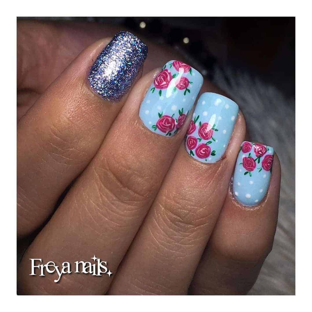 Roses on Blue Nails