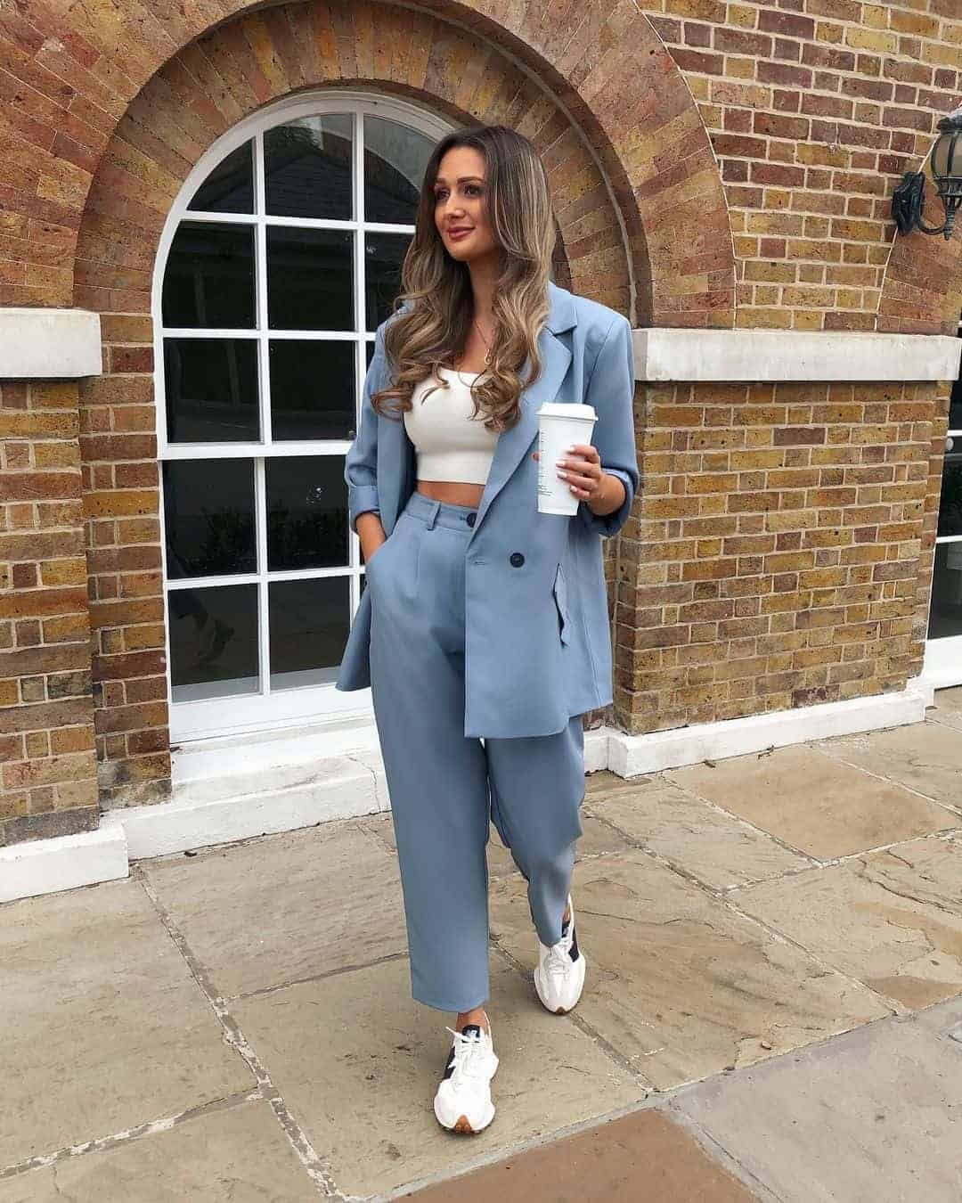 Blue Pant Suit and Sneakers