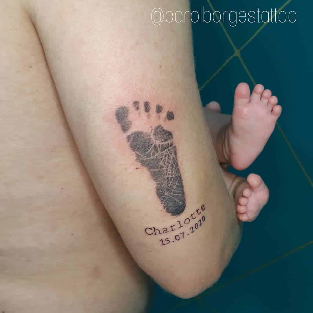 Actual Footprint, Name, and Date Family Tattoo