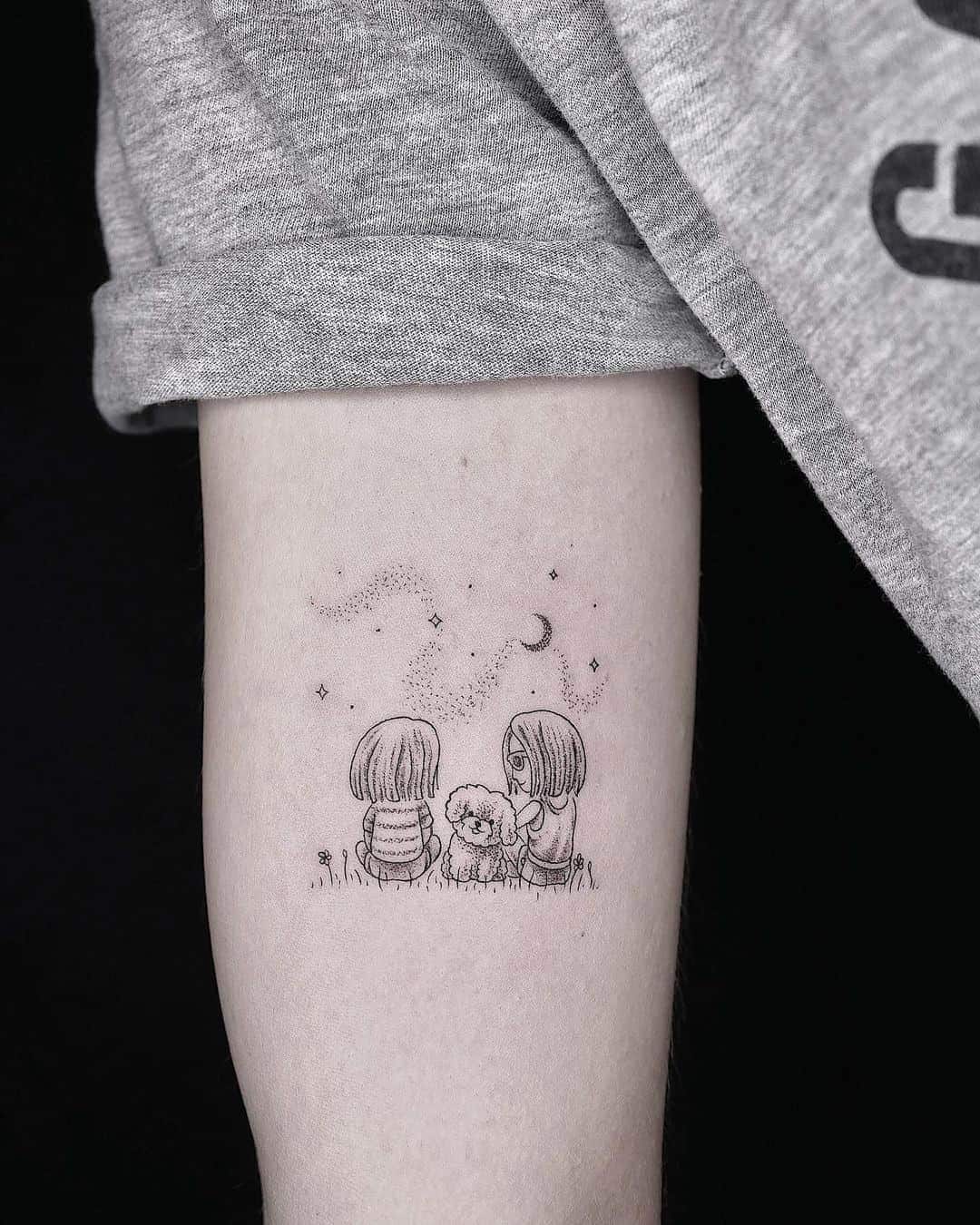 Cartoon Style Illustration of Dog and Owners Tattoo