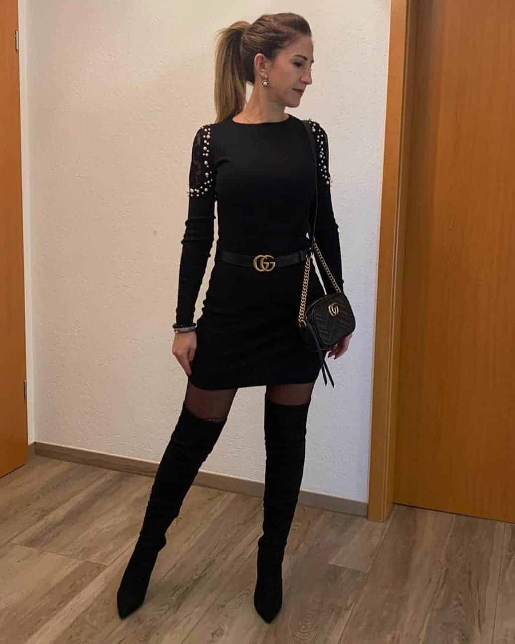 Black Dress With Pearl Details and Knee-High Boots