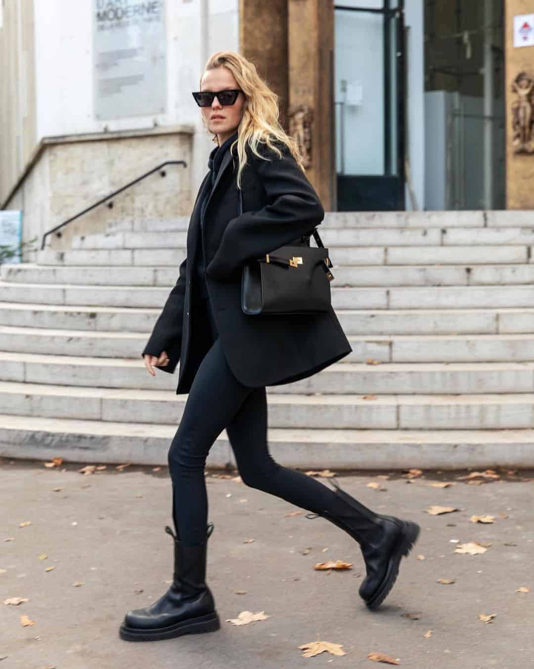 Black Jacket, Black Tights, and Platform Boots