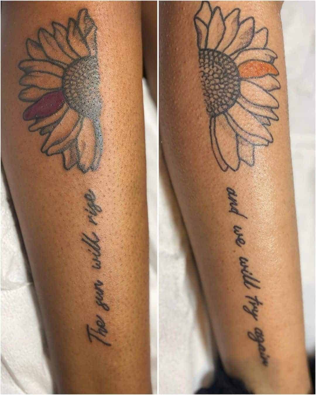 Sunflower and Inspiring Sentence Matching Tattoos