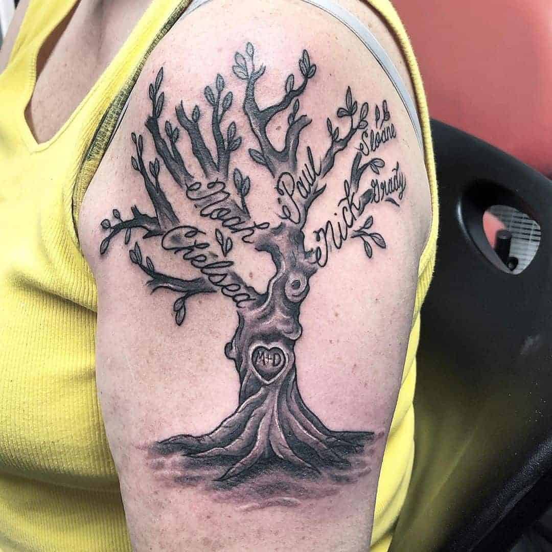 Family Tree Tattoo With Carved Heart