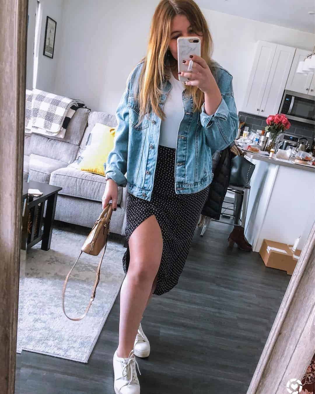 Midi Polka Dot Skirt and Denim Jacket