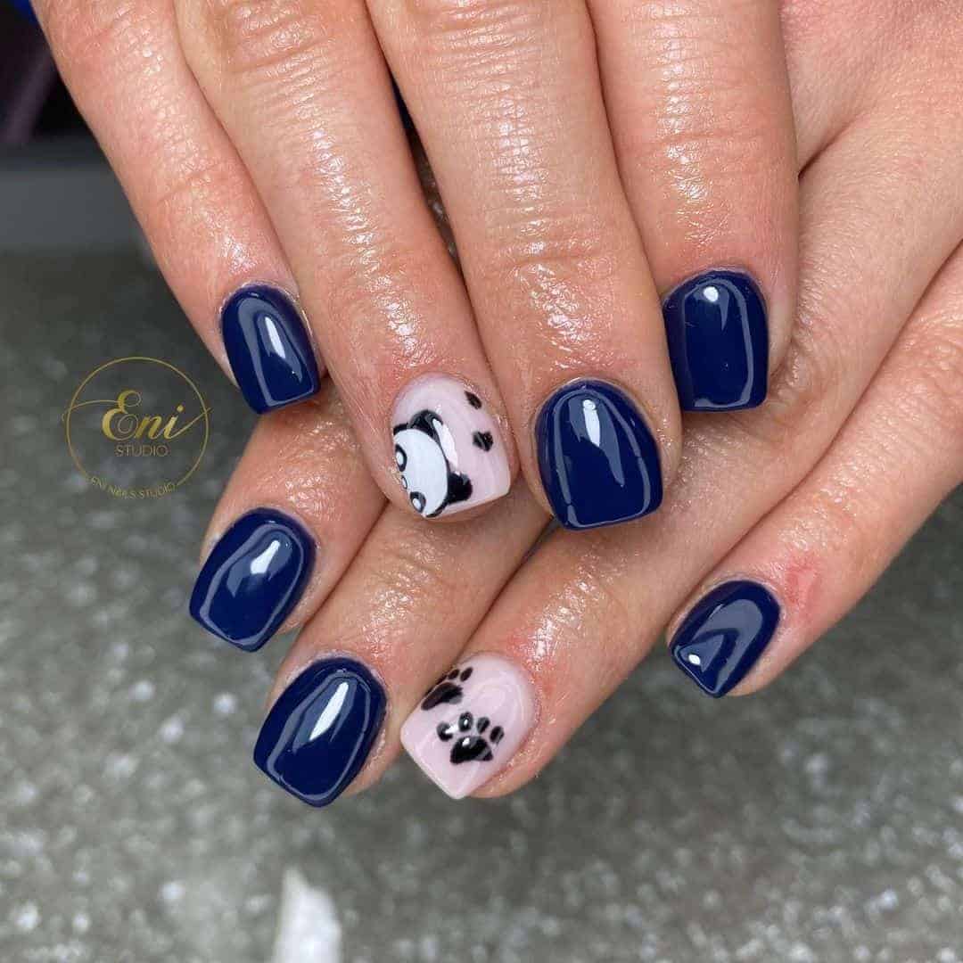 Blue Nails With Panda Paw Prints