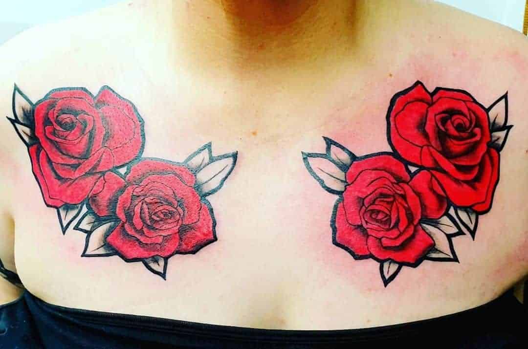 Vivid Rose Tattoo on Collarbone