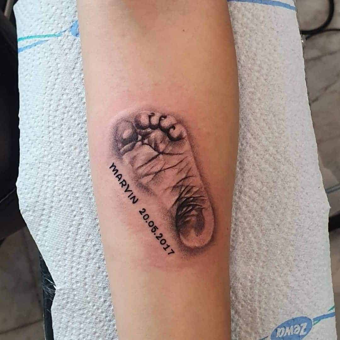 Footprint Illustration, Name, and Date Family Tattoo