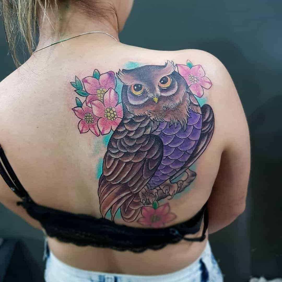 Colorful Owl and Flower Tattoo