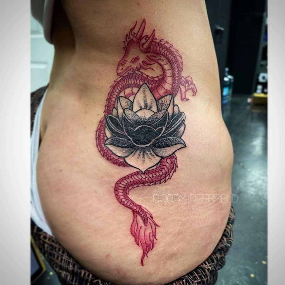 Red Dragon With Lotus Tattoo