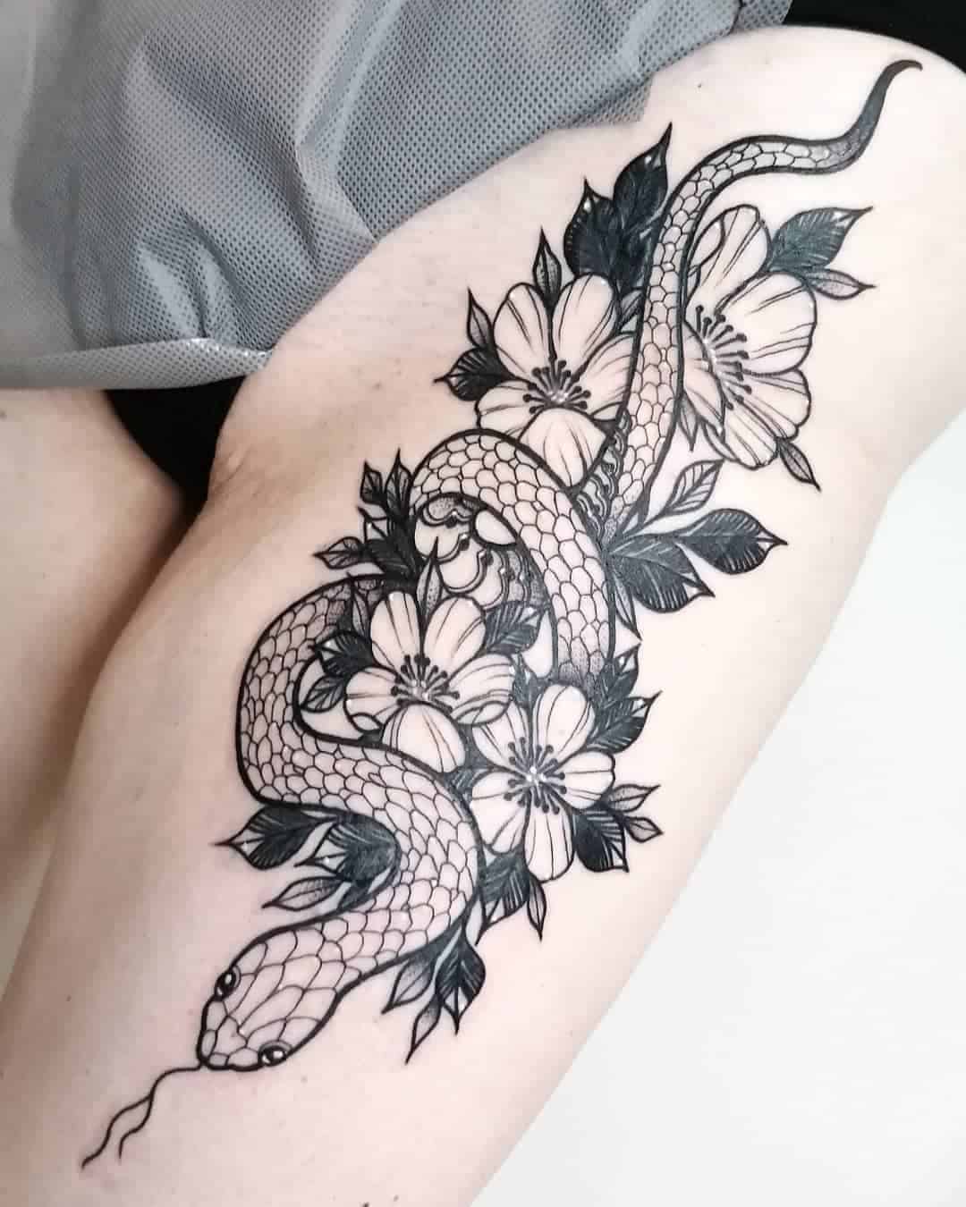 Black Snake and Flower Tattoo