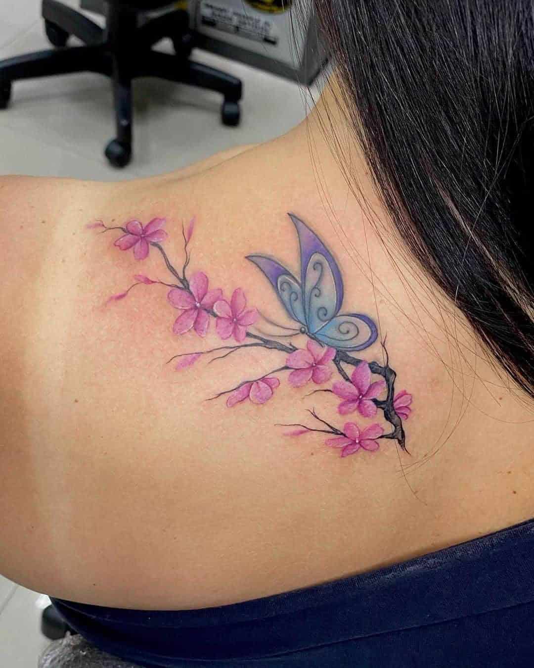 Cherry Blossom and Blue Butterfly Tattoo