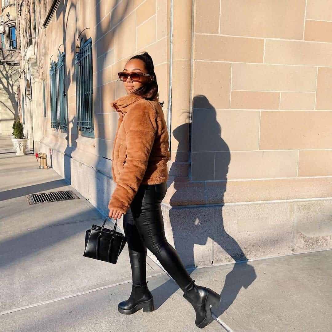 Black Pants and Brown Faux Fur Coat