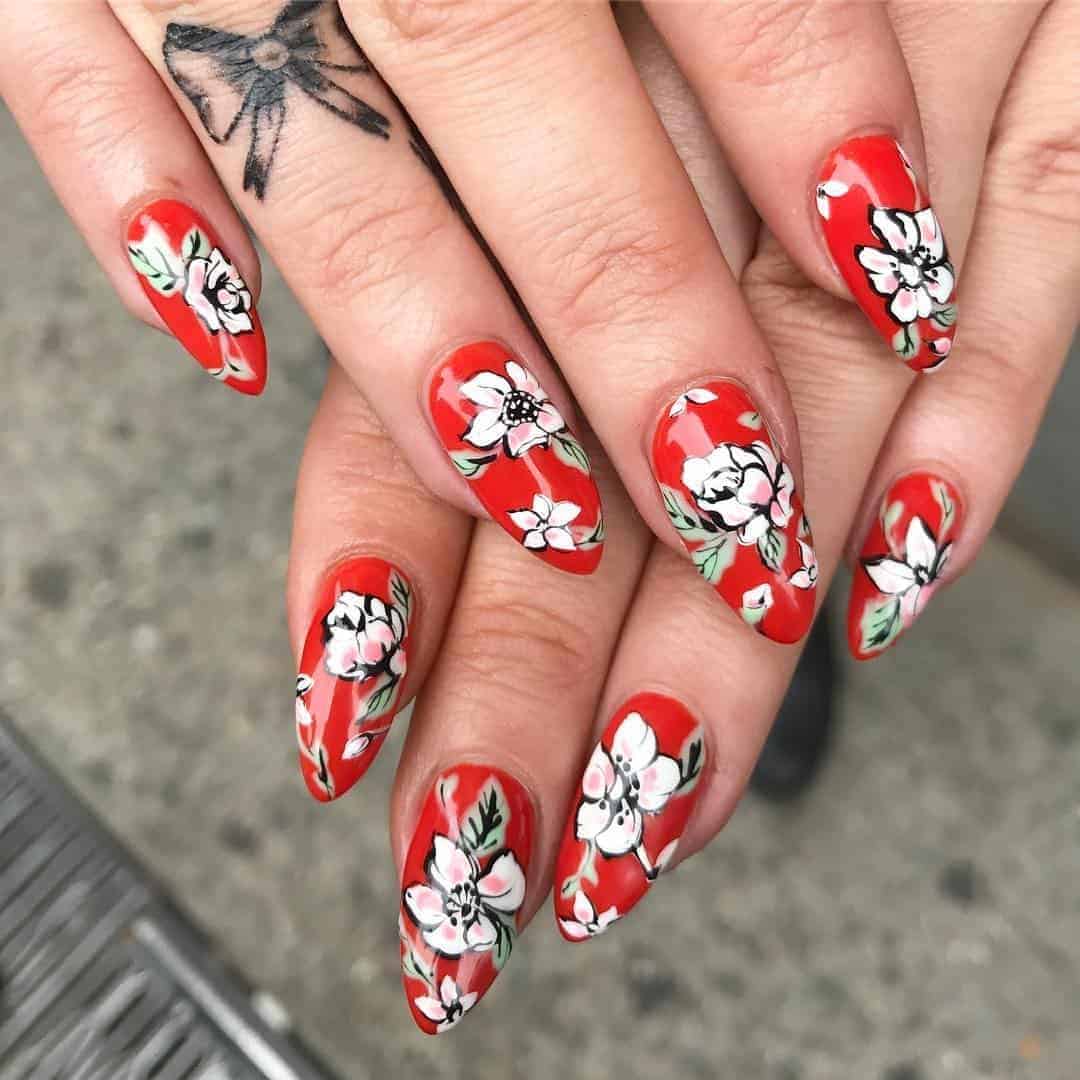 Hawaiian Floral Red Nails