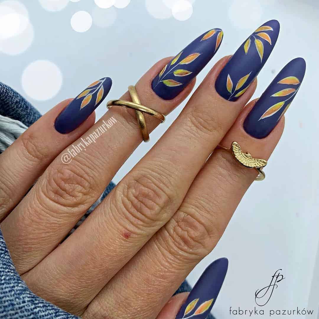 Matte Blue Nails With Leaves