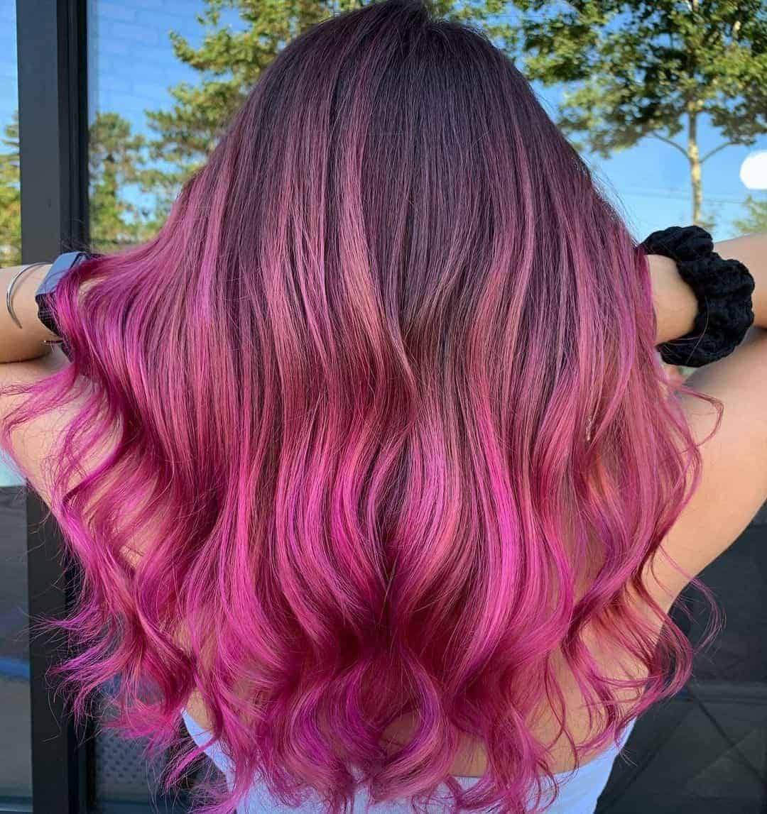 Magenta Pink Balayage Highlights With Brown Waves