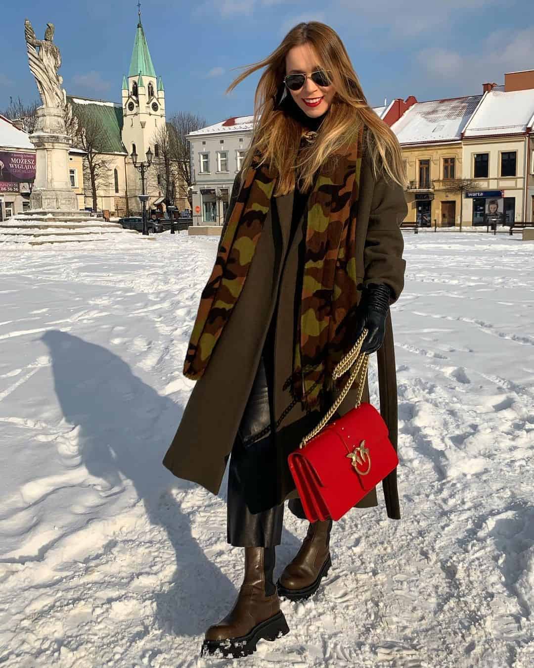 Green Wool Coat and Camo Scarf