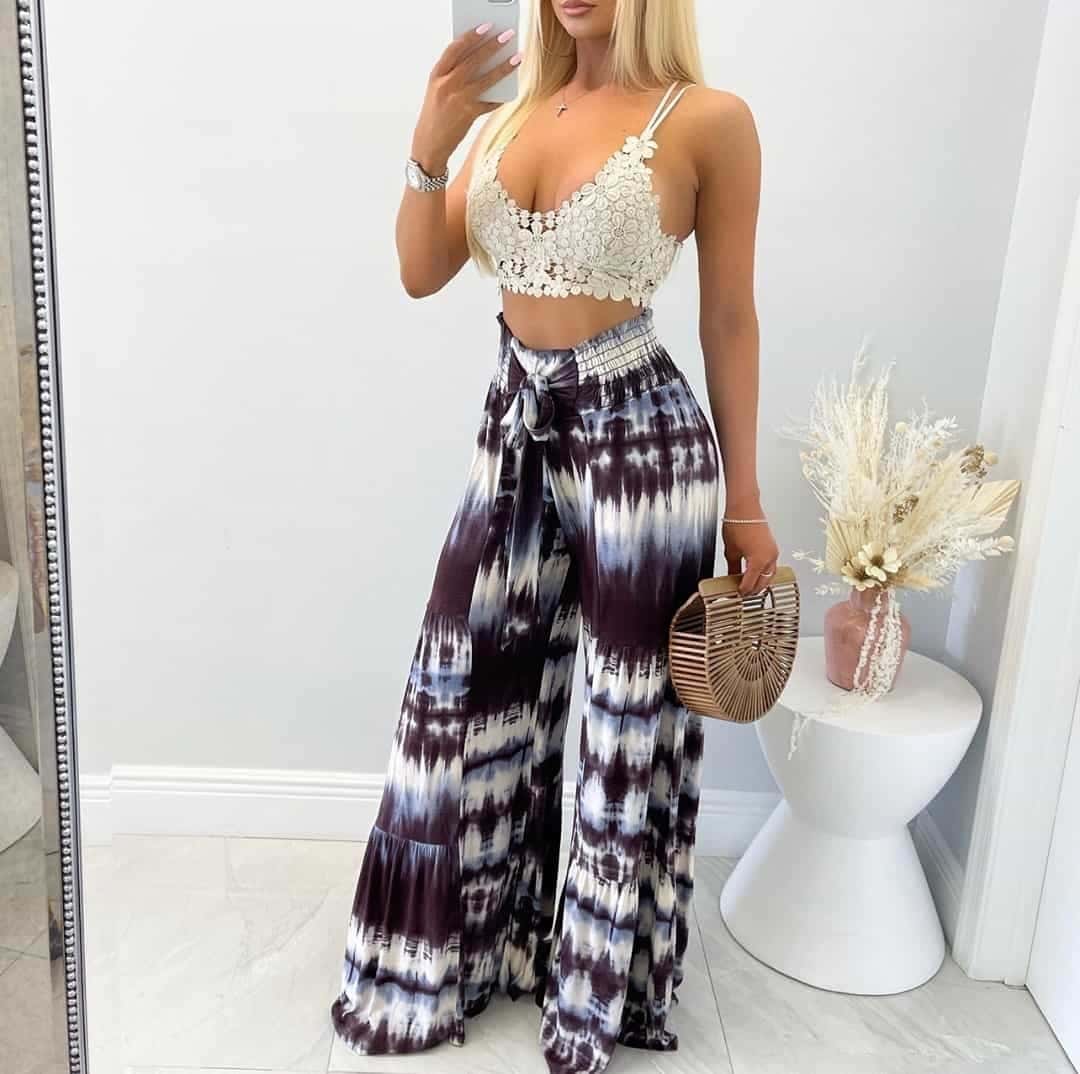 Crocheted Lace Crop Top and Tie-Dye Palazzo Pants