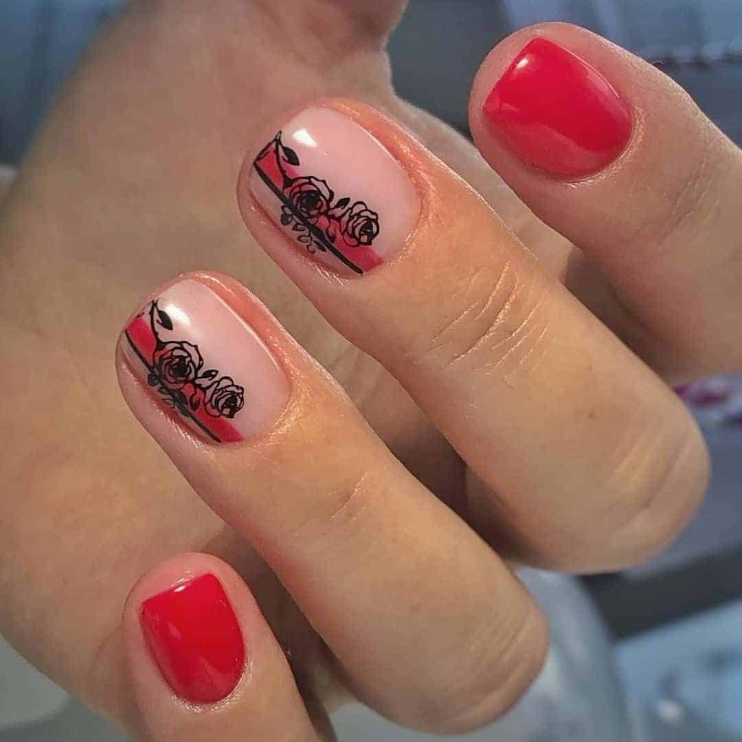 Red Nails With Rose Silhouette