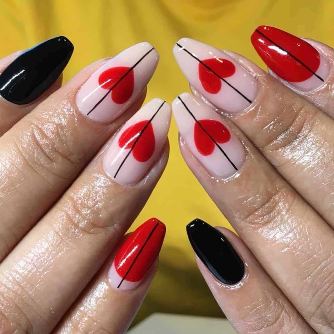 Red and Black Nails With Hearts