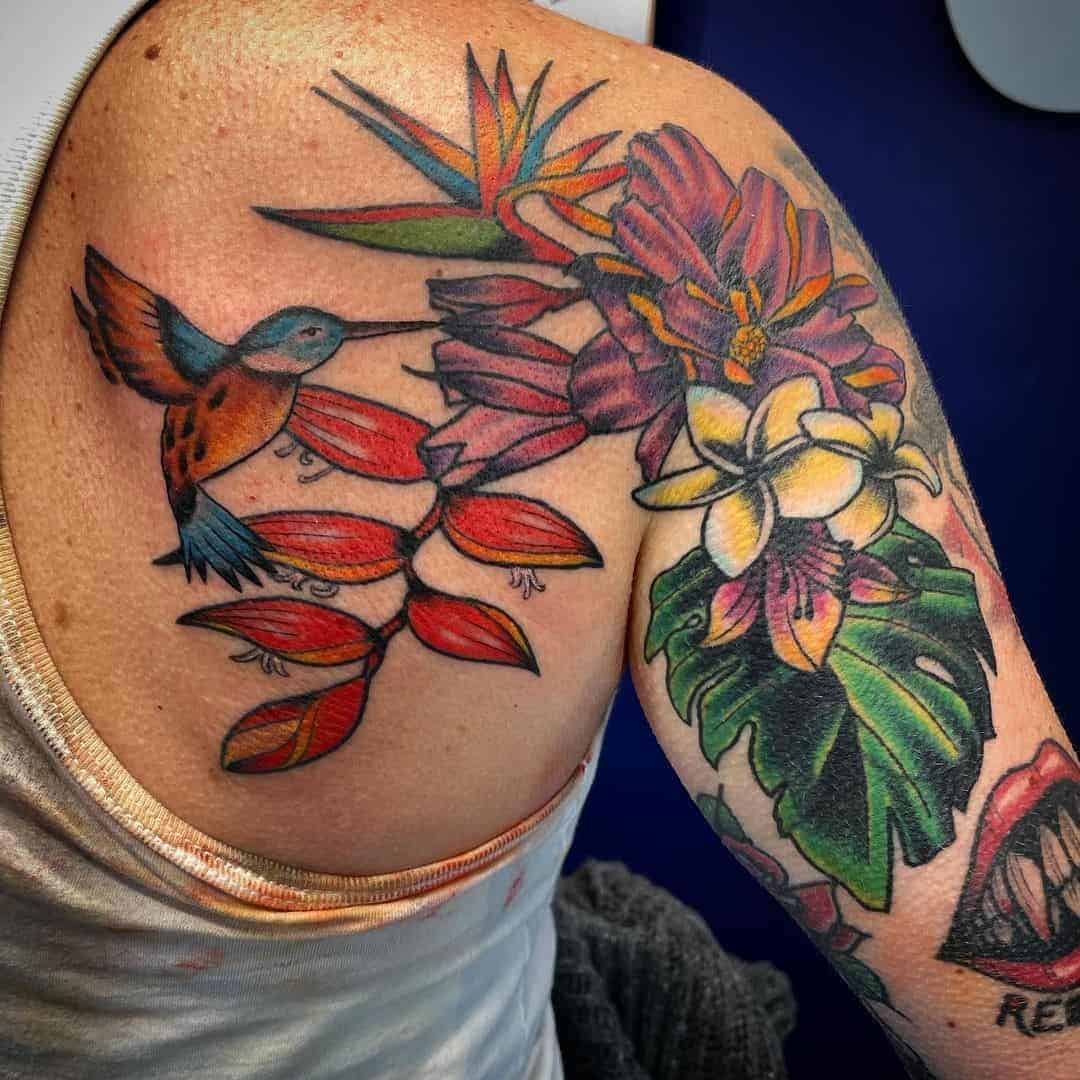 Tropical Floral Tattoo With Hummingbird