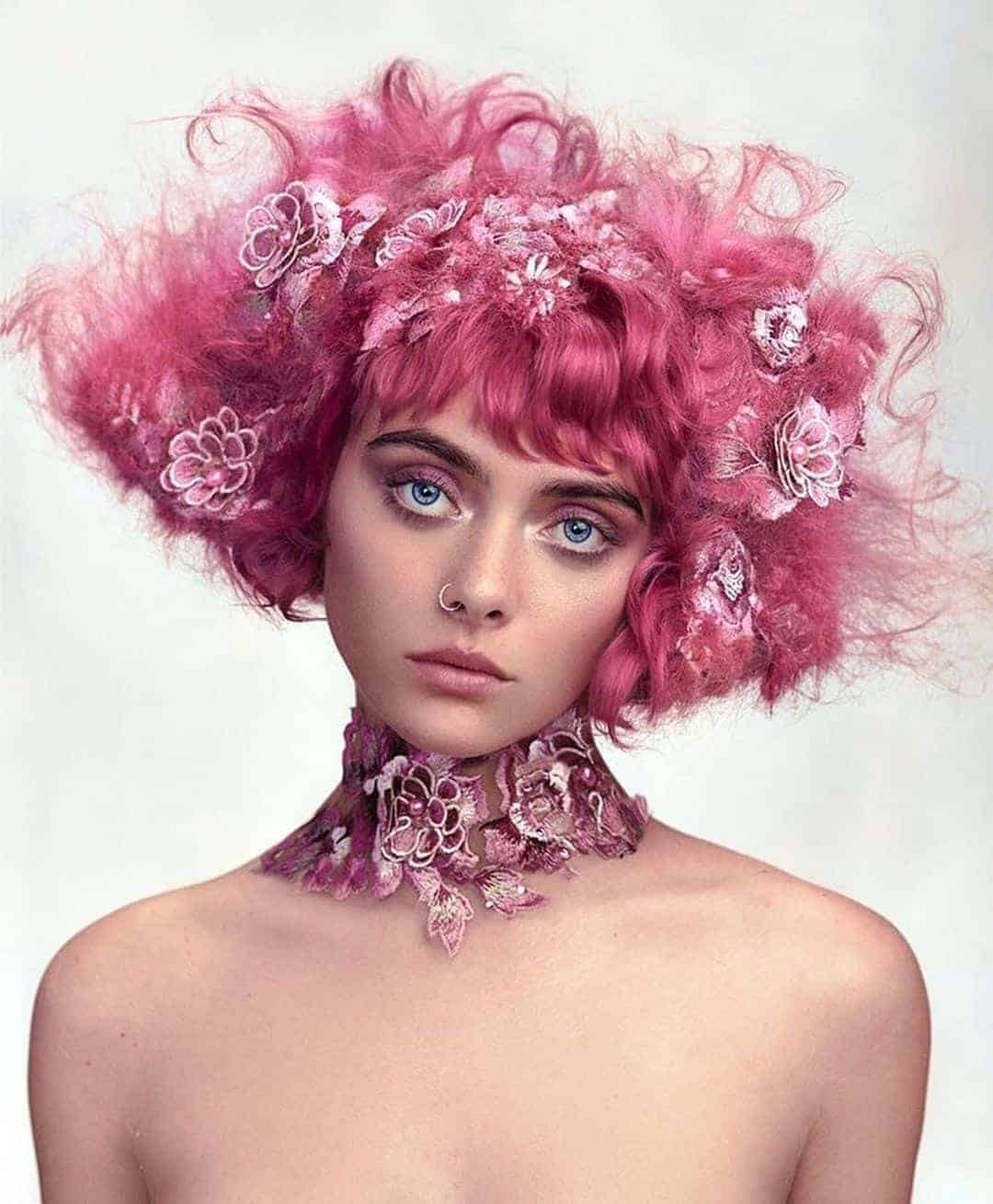 Messy Pink Bob With Floral Clips