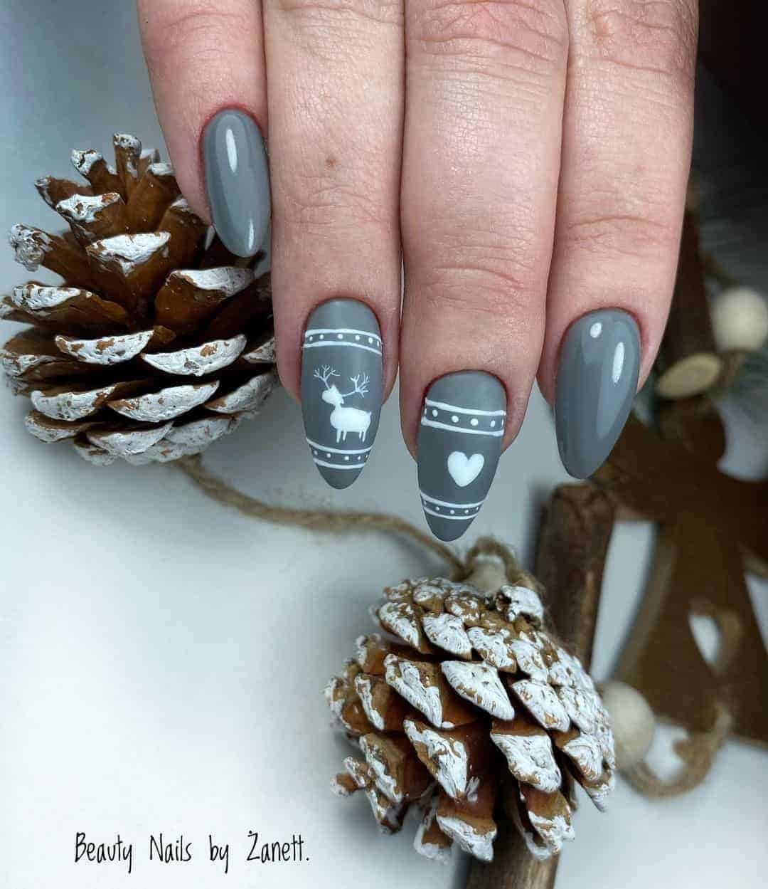 Grey Nails With White Christmas Silhouettes