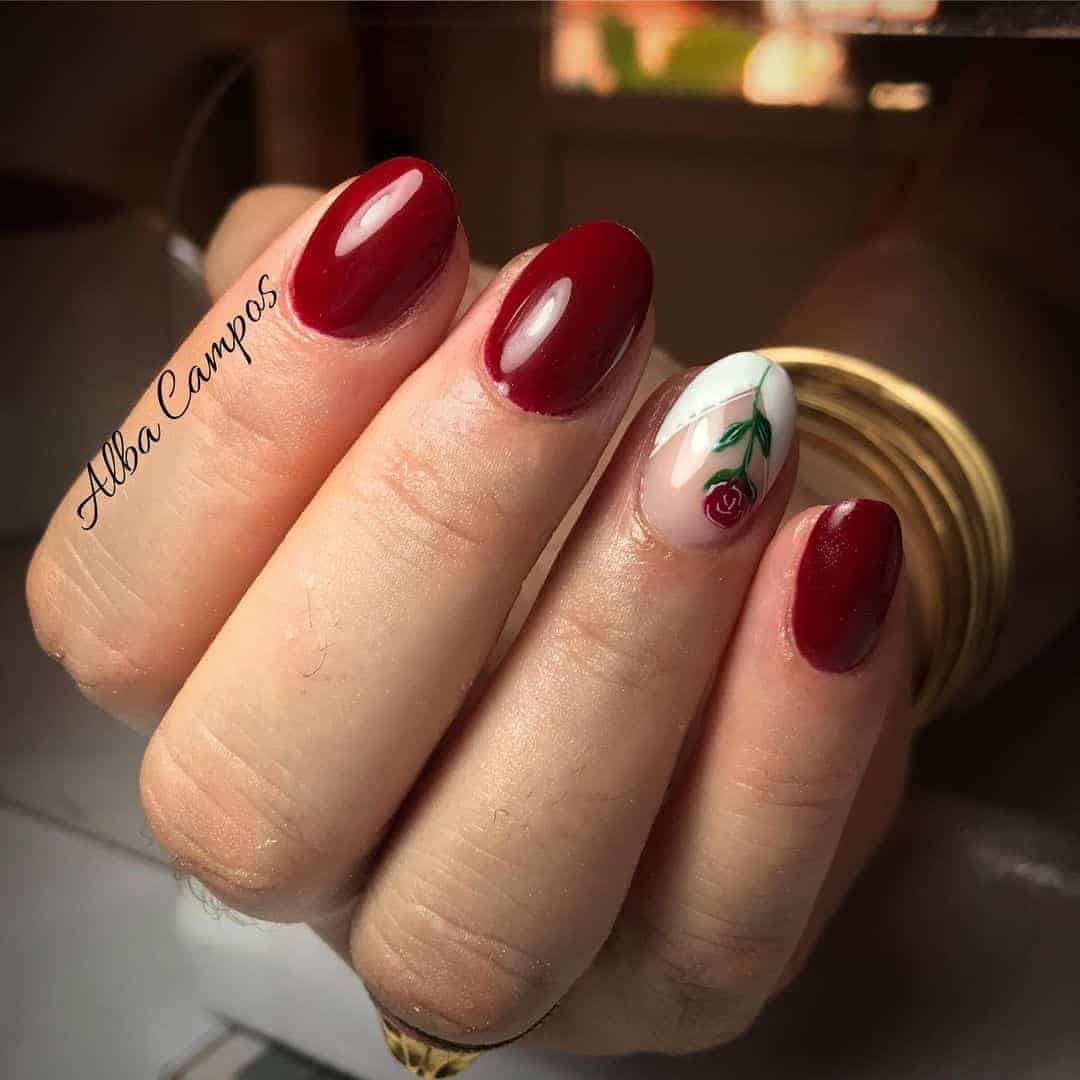 Wine-Red Nails With Rose