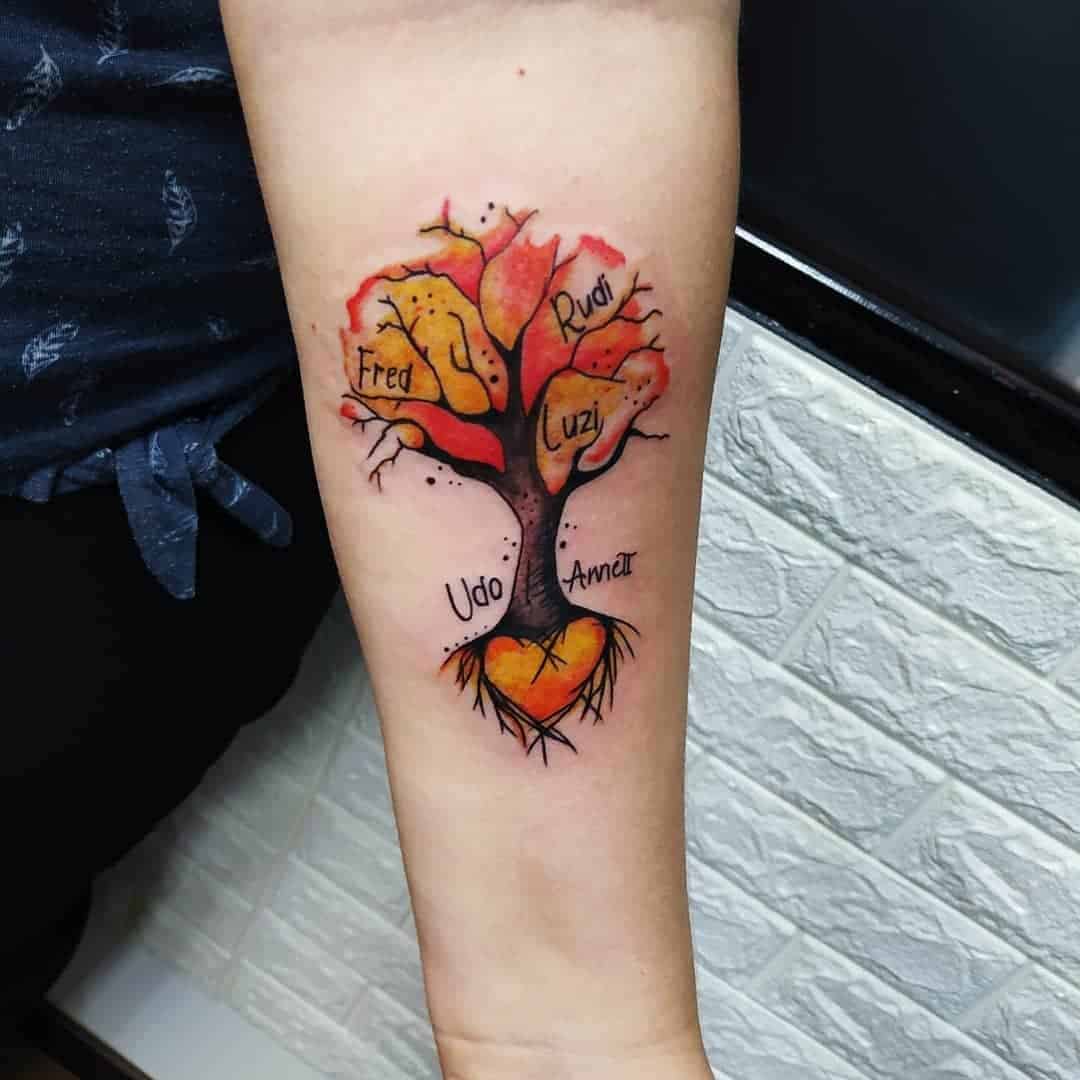 Red and Yellow Family Tree Tattoo