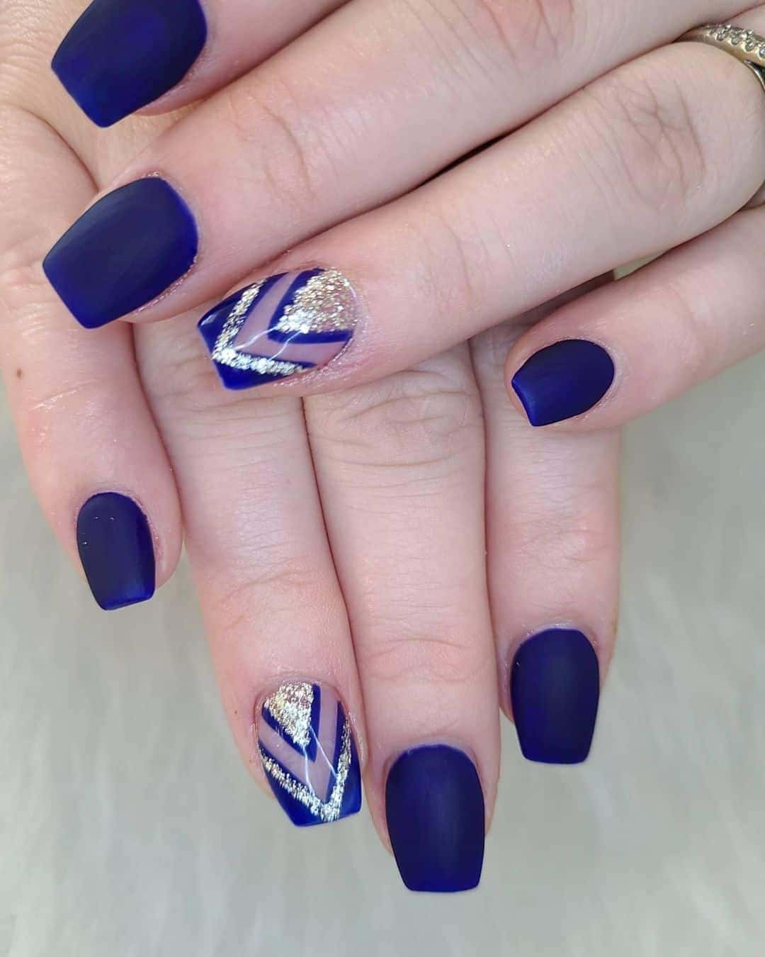 Matte Blue and Gold Feature Nails