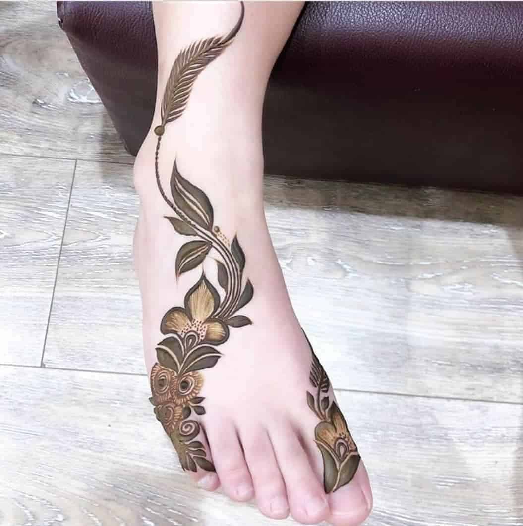 Feather and Foliage Foot Henna Tattoo