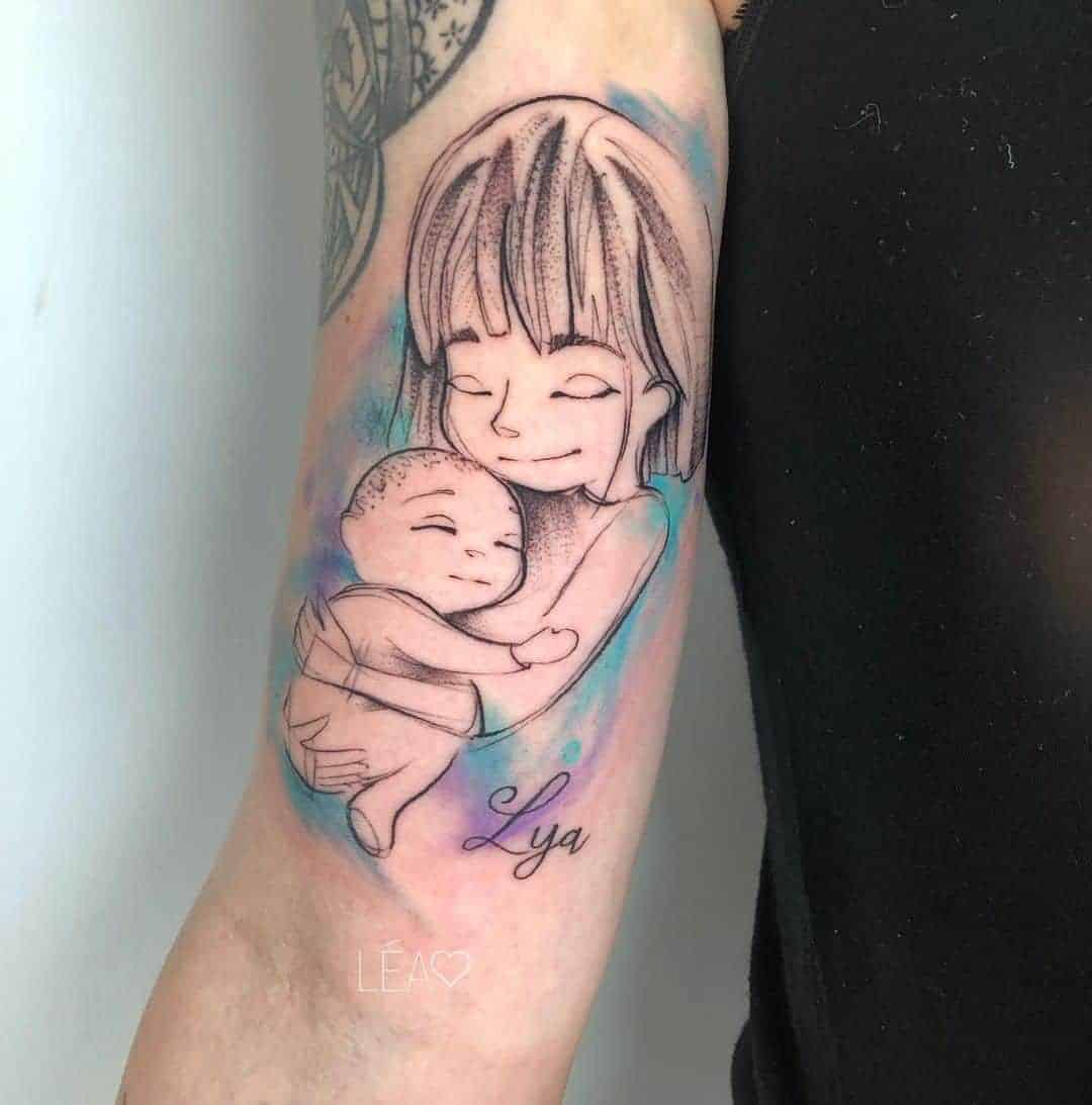 Woman and Baby Colourful Line Drawing Tattoo