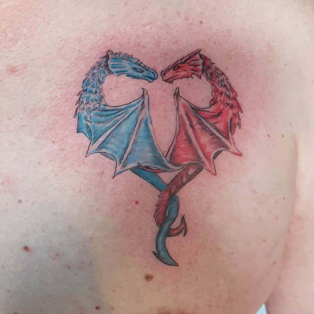 Blue and Red Dragons Heart Tattoo