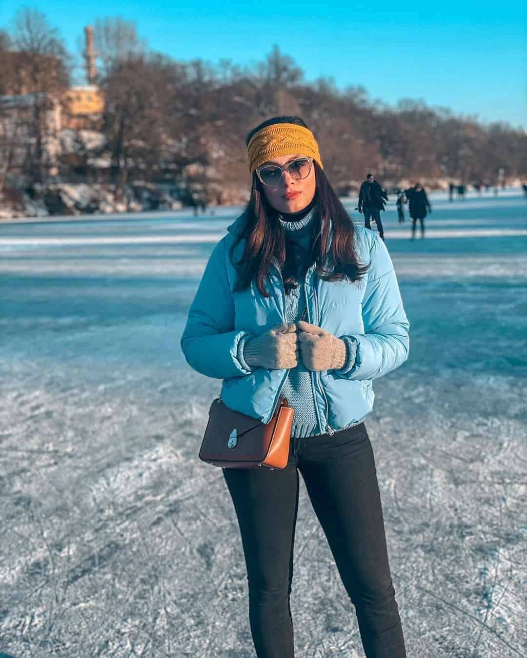 Baby Blue Puffer Jacket and Black Jeans