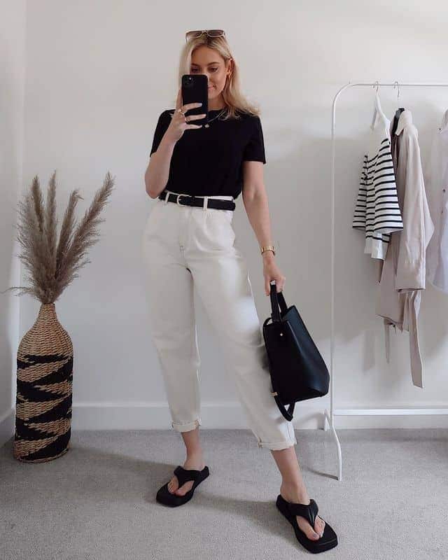 Black Tee, White Pants, and Flip-Flops