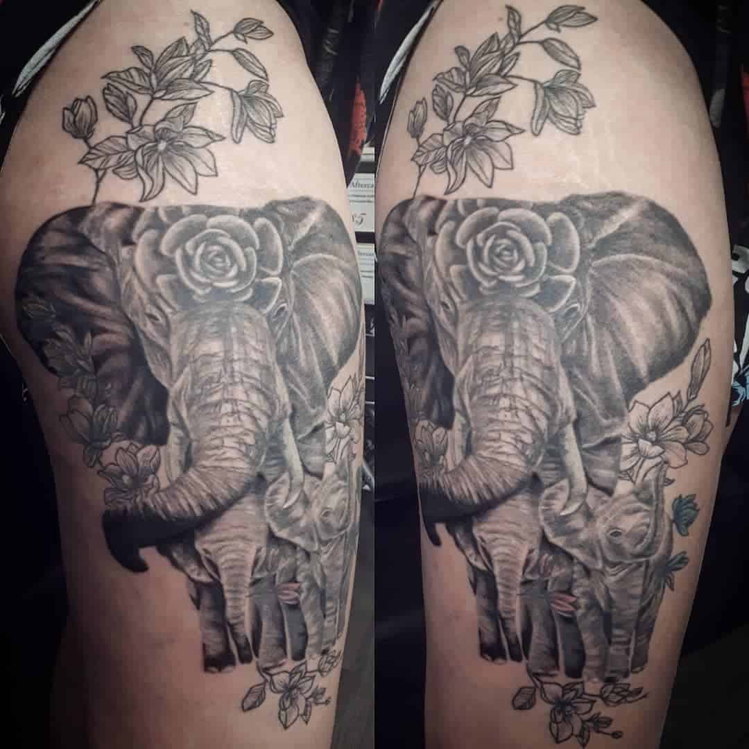 Mother Elephant and Calf Family Tattoo