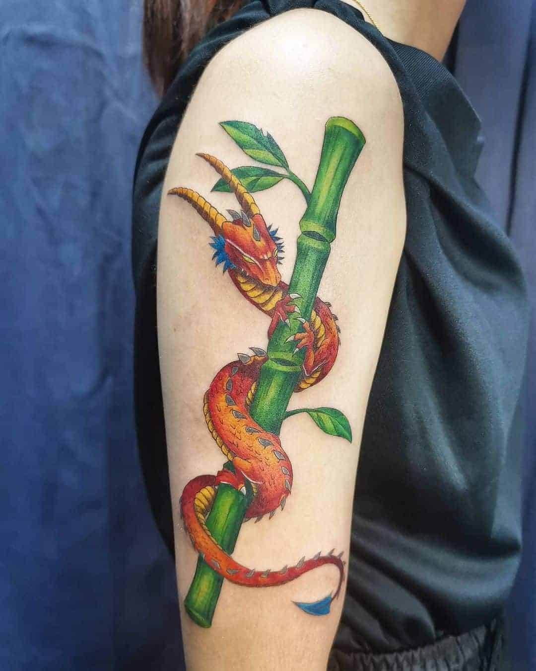 Red Dragon With Bamboo Tattoo