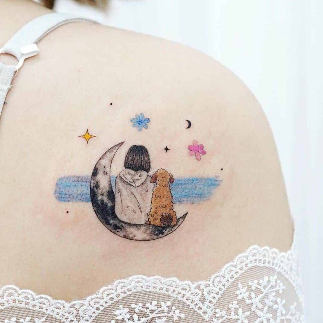 Dog and Owner Sitting on the Moon Tattoo