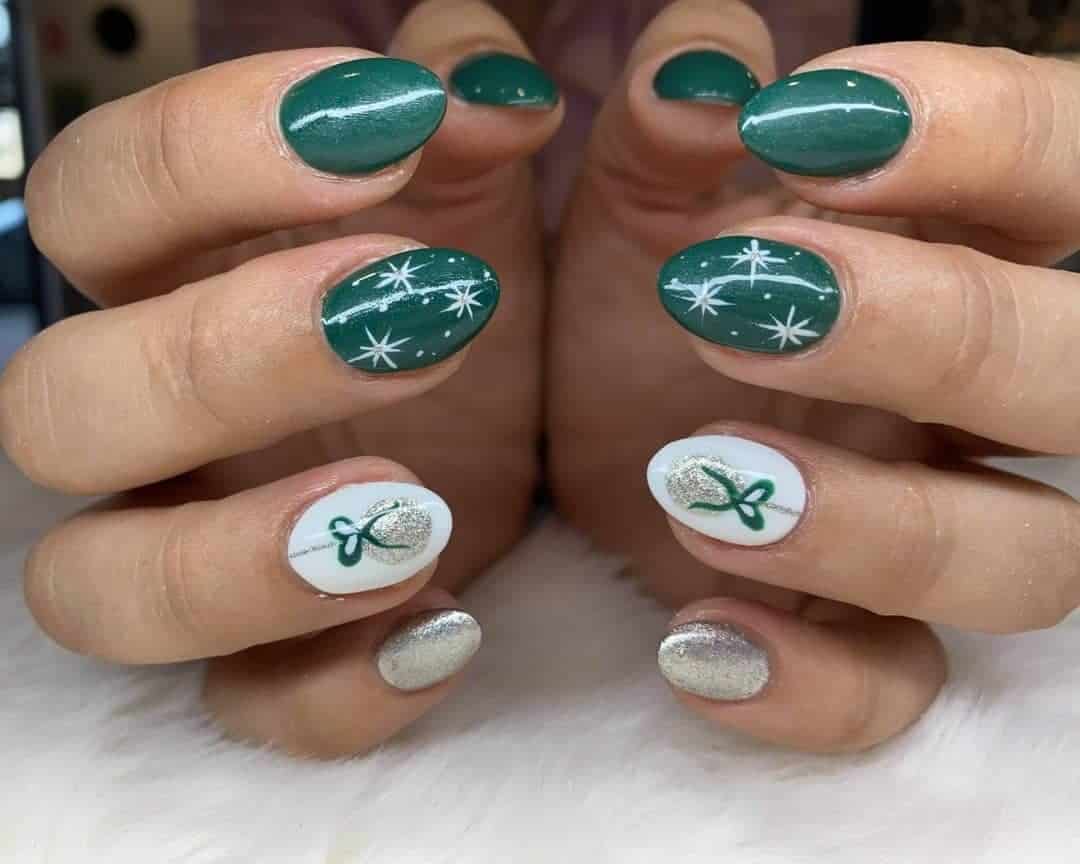 Silver and Green Christmas Nails