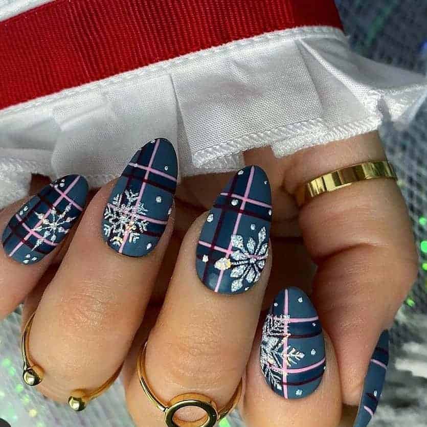 Checkered Blue Nails With Snowflakes