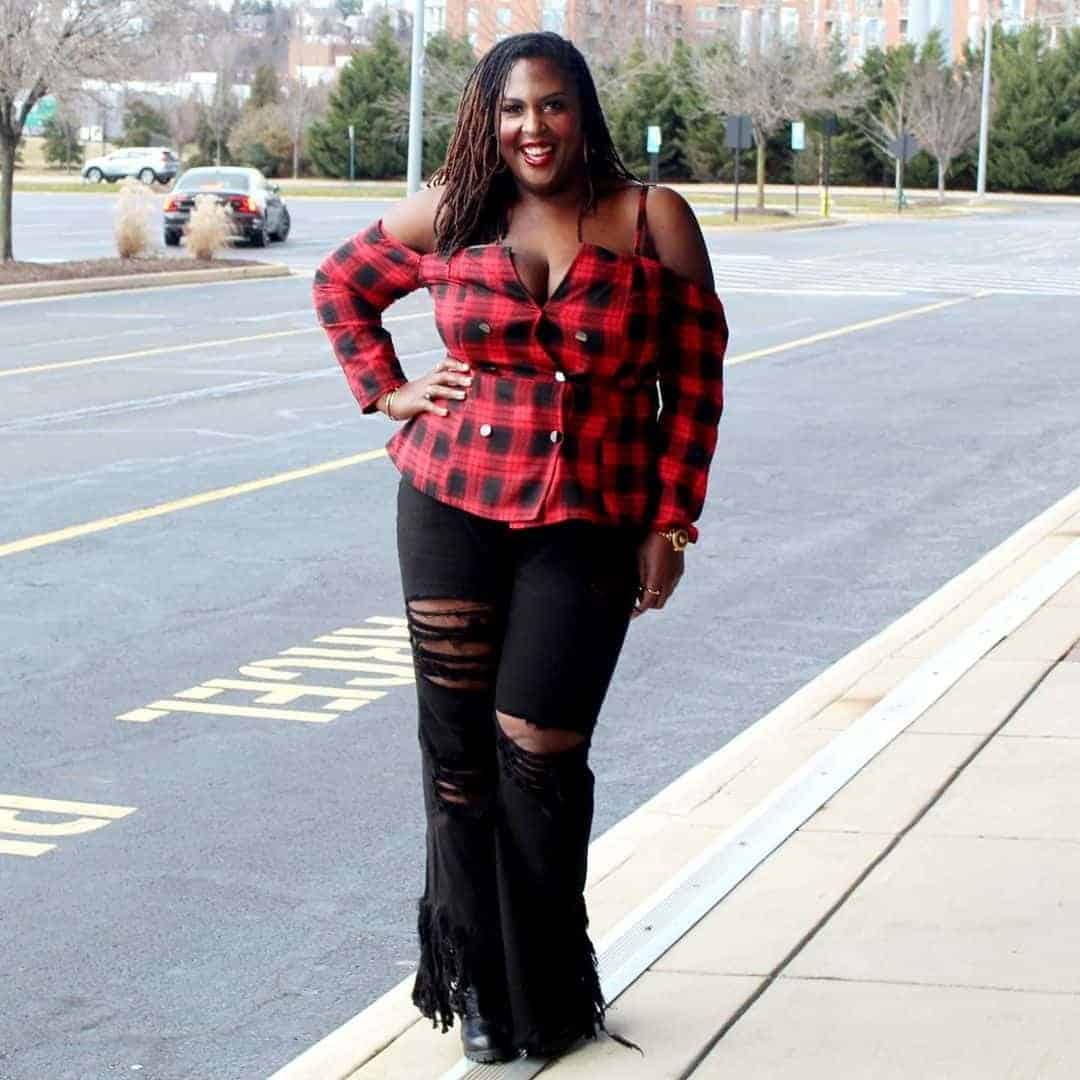 Off the Shoulder Flannel Shirt and Ripped Black Jeans